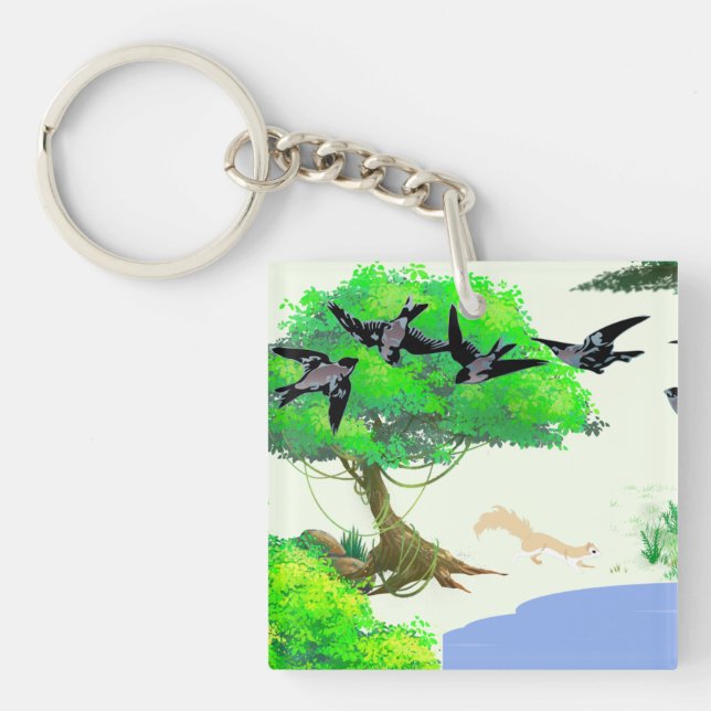 Llavero Vida de los bosques primaverales con aves y ardill (Frente)