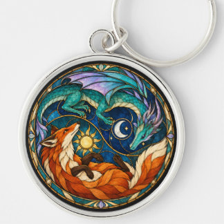 Llavero Vidrio emplomado celestial de zorro y dragón