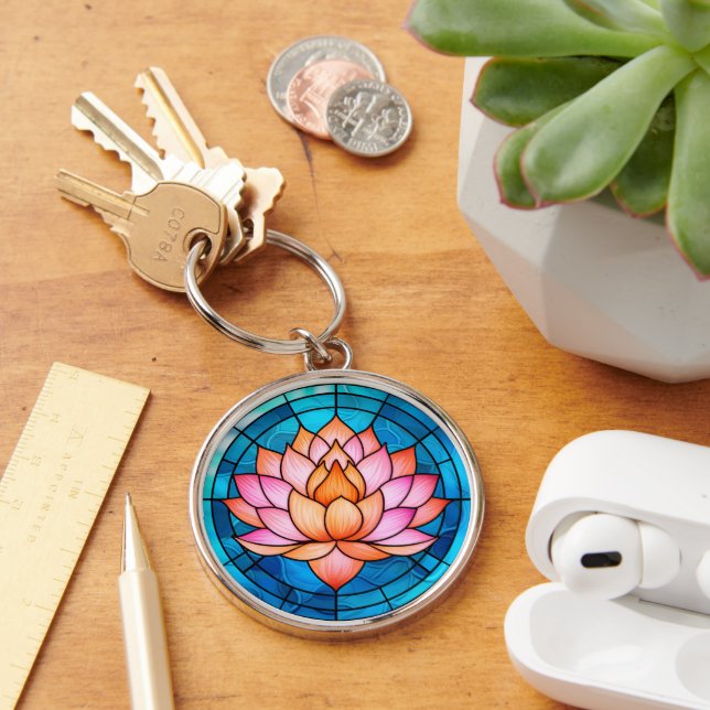Llavero Vidrio manchado con mosaico rosa de flores de Lotu (Escritorio )