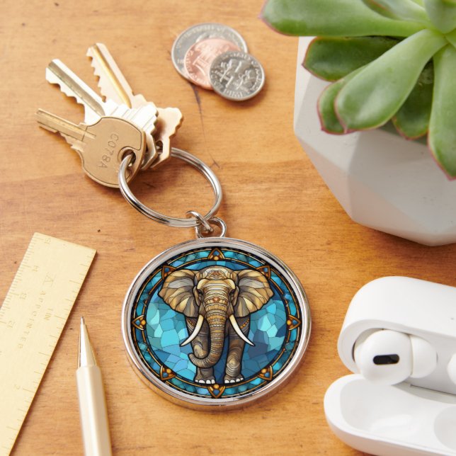 Llavero Vidrio manchado de elefante azul mosaico (Escritorio )