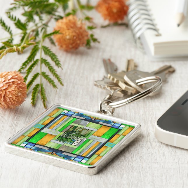 Llavero Vidrio manchado de la garza azul (Lado)