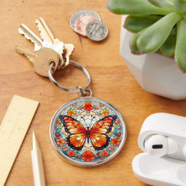 Llavero Vidrio manchado de mariposa floral naranja