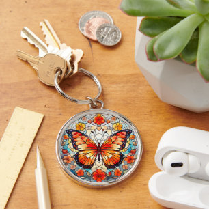 Llavero Vidrio manchado de mariposa floral naranja
