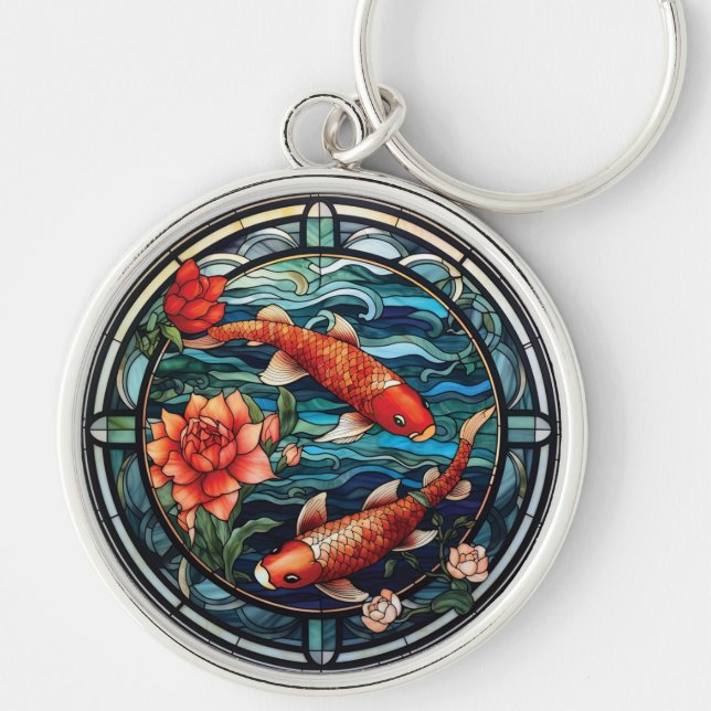 Llavero Vidrio Manchado estilo asiático Koi Fish y Camelli (Frente)