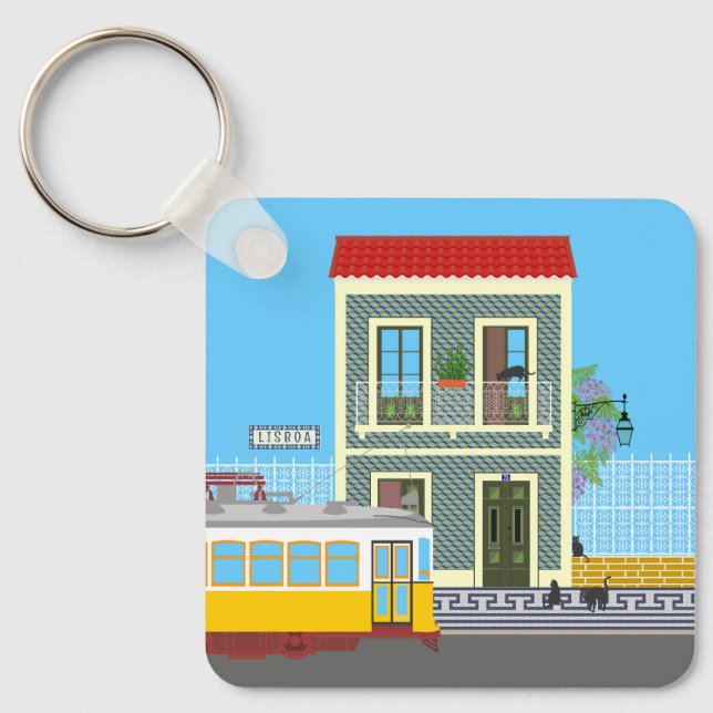 Llavero Vieja casa de Lisboa con gatos y tranvía amarillo (Anverso)