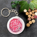 Llavero Vino un poco de risa un Fiesta mucho Keepsake<br><div class="desc">La cadena de teclas de botón redondo incluye el divertido texto "Wine a Little Laugh A Lot" sobre una tintura de vino tinto y personaliza con tu información de fiesta. Las cadenas clave hacen regalos memorables para la familia y los amigos o crean para ustedes mismos.</div>
