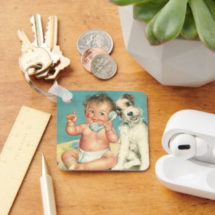 Llavero Vintage Bebé Lindo Hablando por Teléfono Cachorro