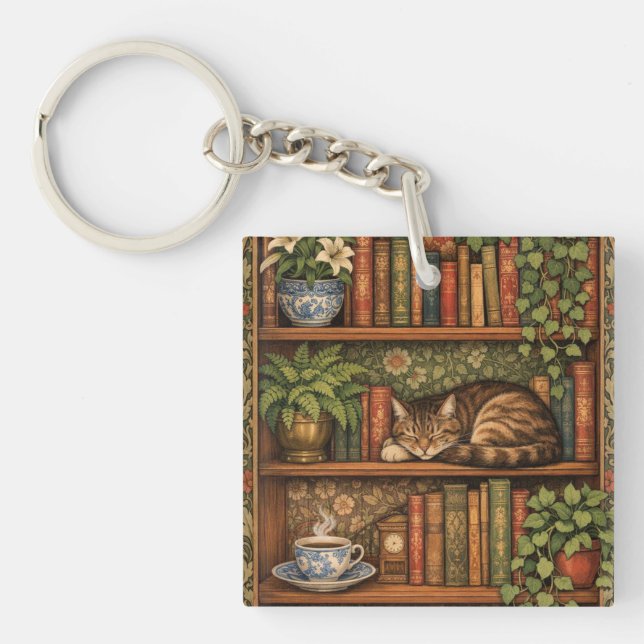 Llavero Vintage book shelf with cat and coffee (Frente)