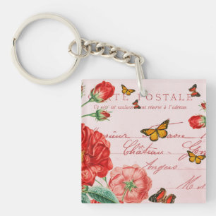 Llavero vintage floral francés con flores rojas