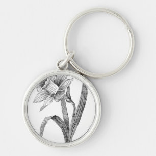 Llavero vintage negro del narciso de las flores blancas