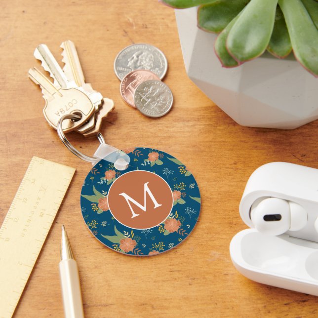 Llavero Vintage Peach Flower Pattern Dark Blue Monogram (Escritorio )