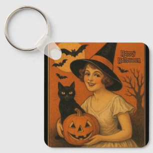 Llavero Vintage/retro Feliz bruja de Halloween, gato, cala
