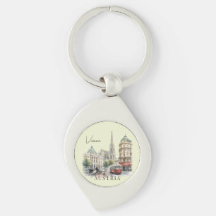 Llavero Vintage Watercolor Vienna Austria Tram & Cathedral