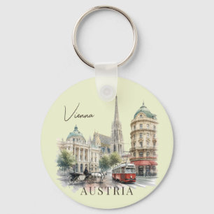 Llavero Vintage Watercolor Vienna Austria Tram & Cathedral