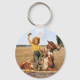 Llavero Vintage Western Cowgirl Sobre La Onda De Caballos