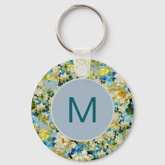 Llavero Vintage Yellow and Blue Floral Pattern Monogram (Anverso)