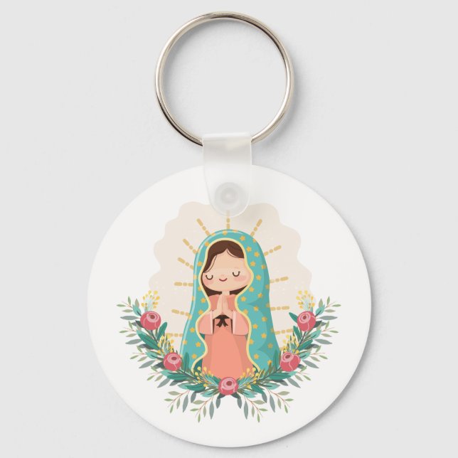 Llavero Virgen de Guadalupe kawaii adornada con flores (Anverso)