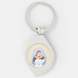 Llavero Virgen María Kawaii Sonriente con Flor – Beige