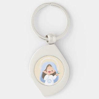 Llavero Virgen María Kawaii Sonriente con Flor – Beige