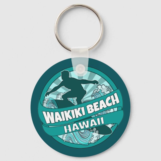 Llavero Waikiki Beach Hawaii verde azulado logo de surfist (Anverso)