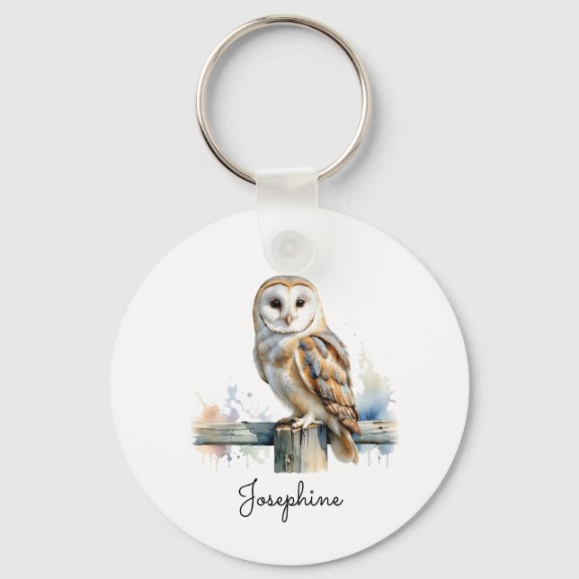 Llavero Watercolor Barn Owl Elegant Personalized Name (Anverso)