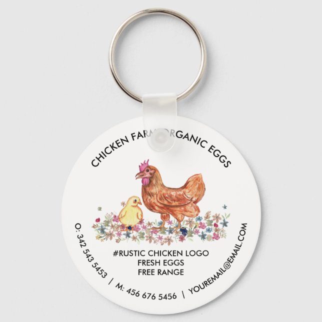Llavero Watercolor Chicken Farm Logo | Organic Fresh Eggs  (Anverso)