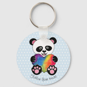 Llavero Watercolor Cute Panda Con Corazón Arcoiris