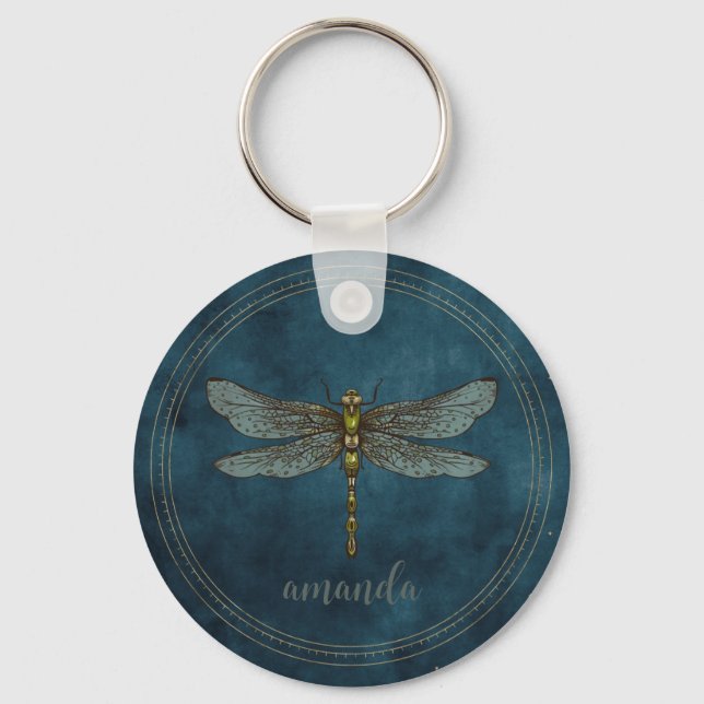 Llavero Watercolor Dark Blue Celestial Whimsical Dragonfly (Anverso)