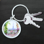 Llavero Watercolor Eiffel Tower Paris Café Francés<br><div class="desc">El Watercolor Eiffel Tower Paris French Cafe Keychain cuenta con una zona de estar con una cafetera francesa de color acuático,  con París y la Torre Eiffel al fondo. Creado por Evco Studio www.zazzle.com/store/evcostudio</div>