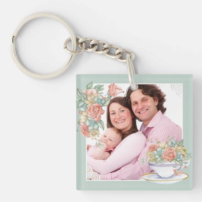 Llavero Watercolor Floral Teacup Custom Photo (Frente)