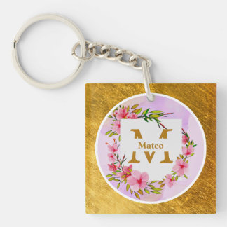 Llavero Watercolor Flower Gold Frame | Custom Name