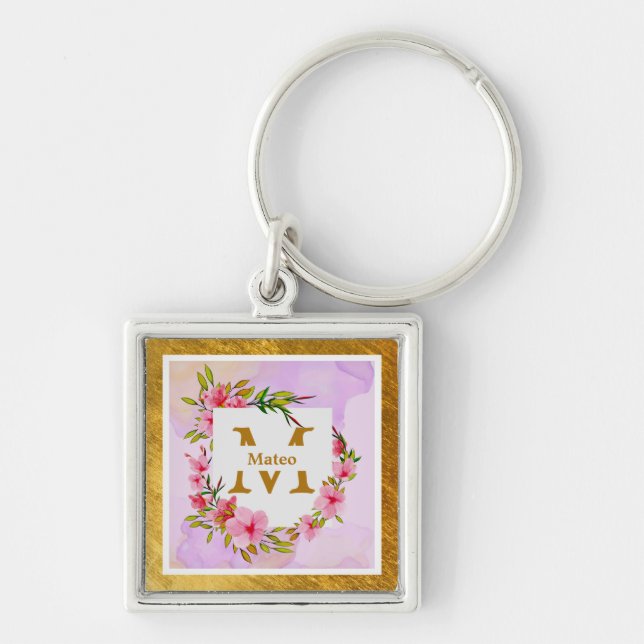 Llavero Watercolor Flower Gold Frame | Custom Name (Frente)