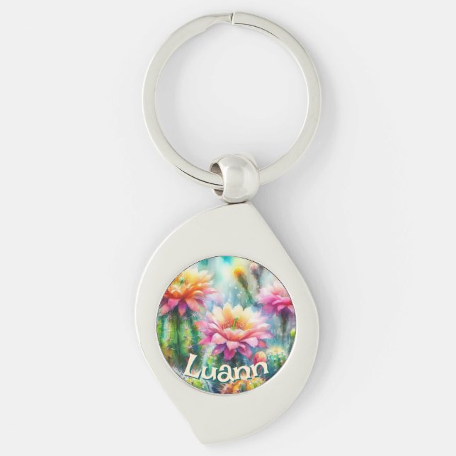 Llavero Watercolor Flowering Succulent Cacti Personalized (Anverso)