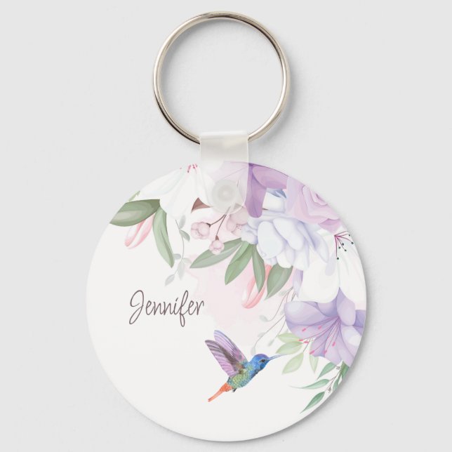 Llavero Watercolor Garden Flores Hummingbird Bird (Anverso)