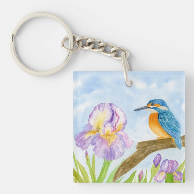 Llavero Watercolor Kingfisher with Purple Irises (Frente)