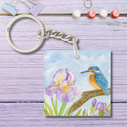Llavero Watercolor Kingfisher with Purple Irises