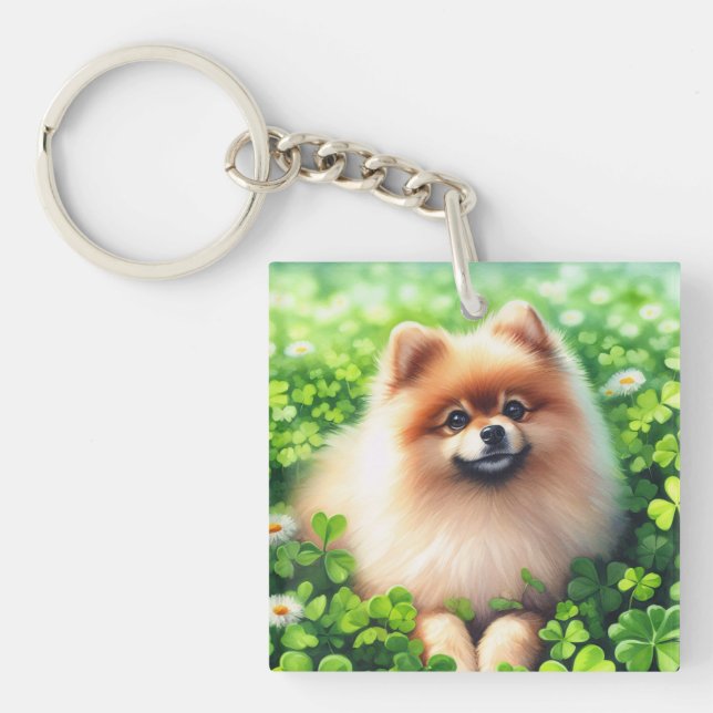 Llavero Watercolor Pomerania Green Shamrock Field (Frente)