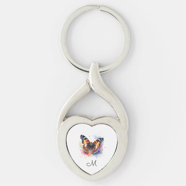 Llavero Watercolor Red Admiral Butterfly Monogram Initial (Anverso)
