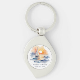Llavero Watercolor Sailboat Sunset Seascape Wedding Favor