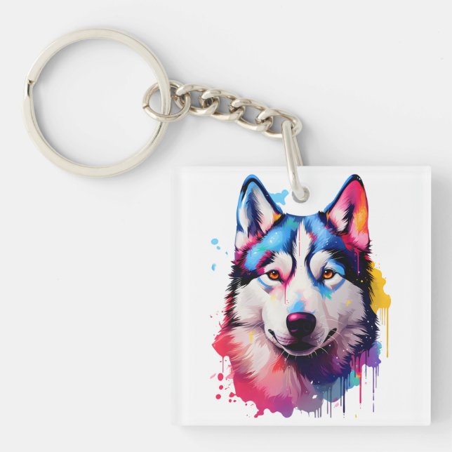 Llavero Watercolor Siberian Husky arte colorido (Frente)
