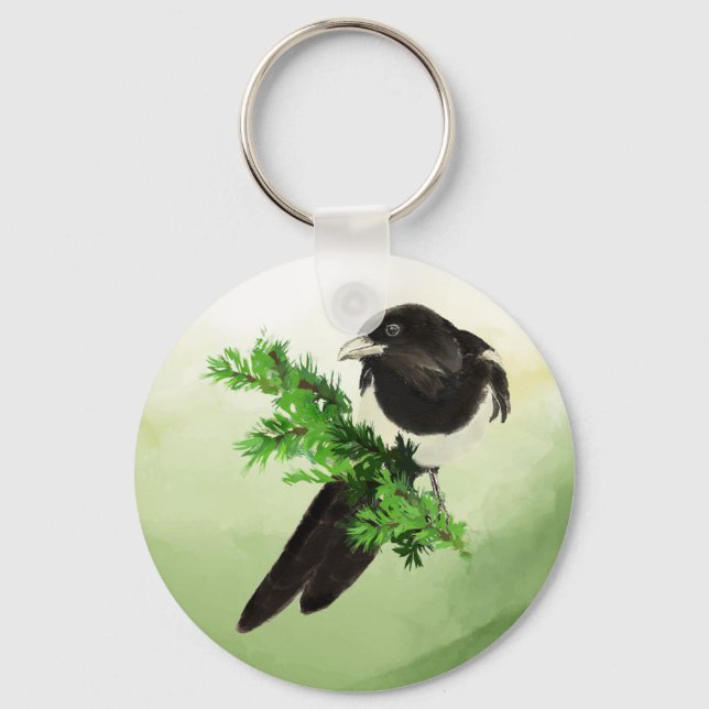 Llavero Watercolor Wildlife Magpie Bird Nature art  (Anverso)