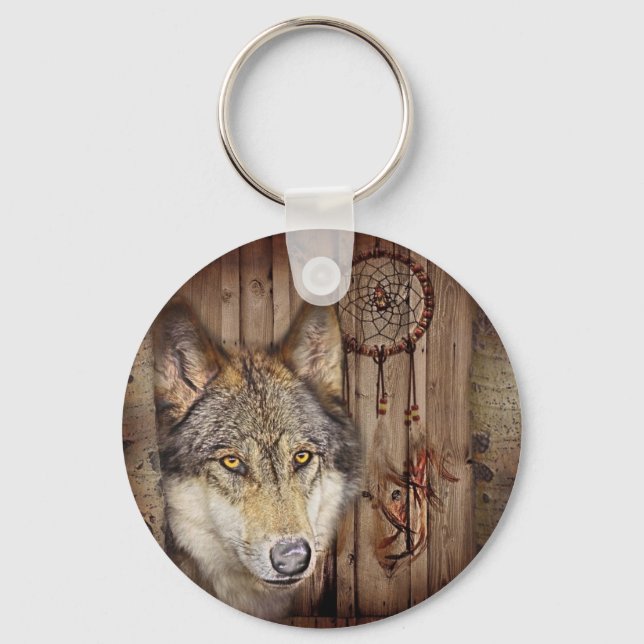 Llavero Western dream catcher  native american indian wolf (Anverso)