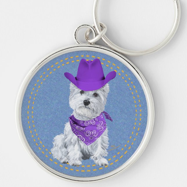 Llavero Westie Cowboy sobre Denim (Frente)