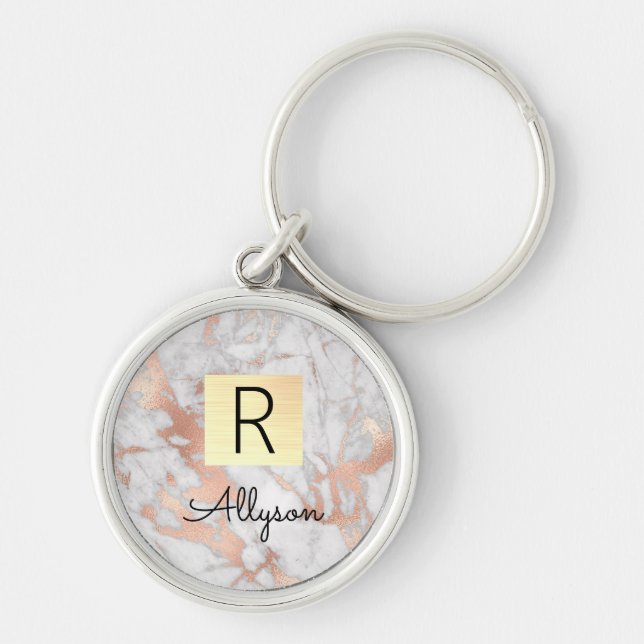 Llavero Wh & Rosa Gold Marble Gold Box, Name & Monogram (Frente)