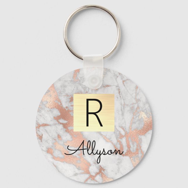 Llavero Wh & Rosa Gold Marble Gold Box, Name & Monogram Ke (Anverso)