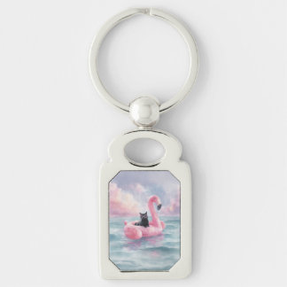 Llavero Whimsical Black Cat Flamingo Float Keychain