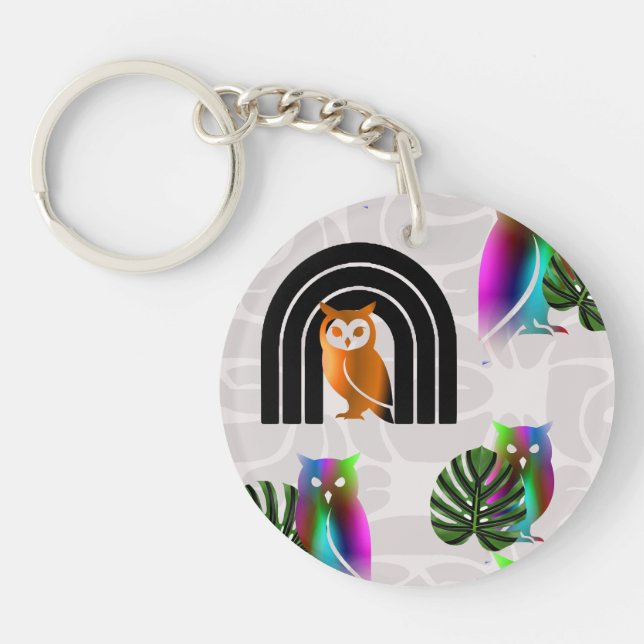 Llavero Whimsical Boho Owl & Tropical Monstera Leaf (Frente)