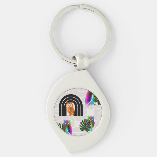 Llavero Whimsical Boho Owl & Tropical Monstera Leaf (Anverso)