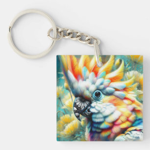 Llavero Whimsical Cockatoo Ave Amarillo Poppies Floral