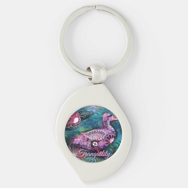 Llavero Whimsical Floral Duck Purple Teal Personalized (Anverso)